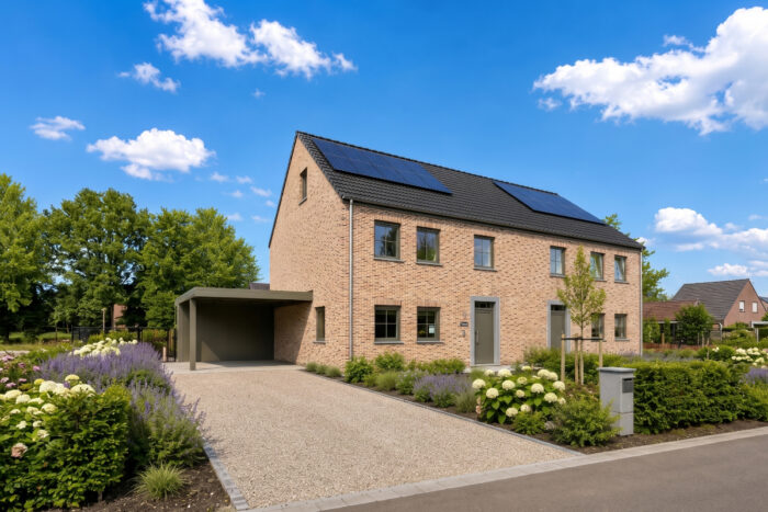 Een moderne bakstenen woning met twee verdiepingen, voorzien van zonnepanelen, een carport en een mooi aangelegde tuin onder een stralende hemel – een inspiratiehuis en kijkwoning in Blavier, Sint-Martens-Latem, voor wie op zoek is naar comfort en duurzaamheid.