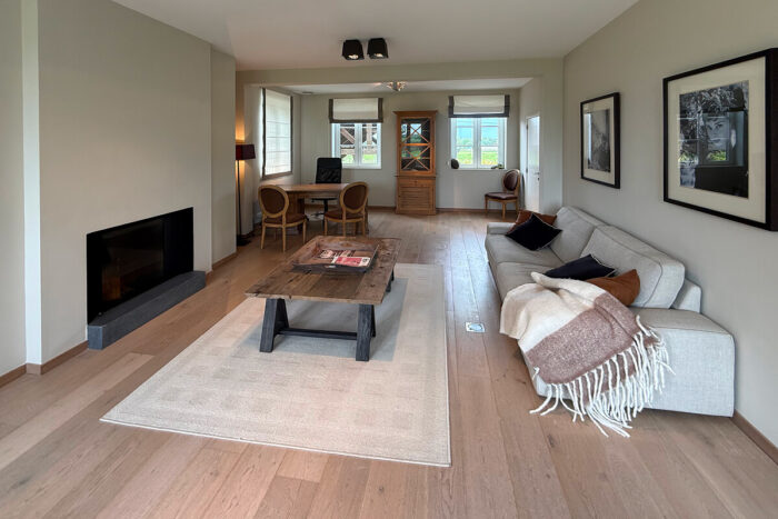 Een moderne woonkamer in de kijkwoning Thorembais-Saint-Trond Blavier heeft lichthouten vloeren, een grijze bank met kussens en een deken, een houten salontafel op een beige vloerkleed, een open haard en een eethoek bij het raam.