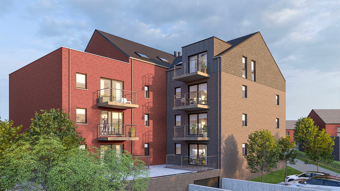 Immeuble résidentiel moderne avec des sections en briques rouges et brunes et de multiples balcons dans un quartier serein. La structure présente des toits triangulaires, entourée darbres et dune zone herbeuse sous un ciel partiellement nuageux. Découvrez les appartements à vendre Gosselies dans ce cadre pittoresque.