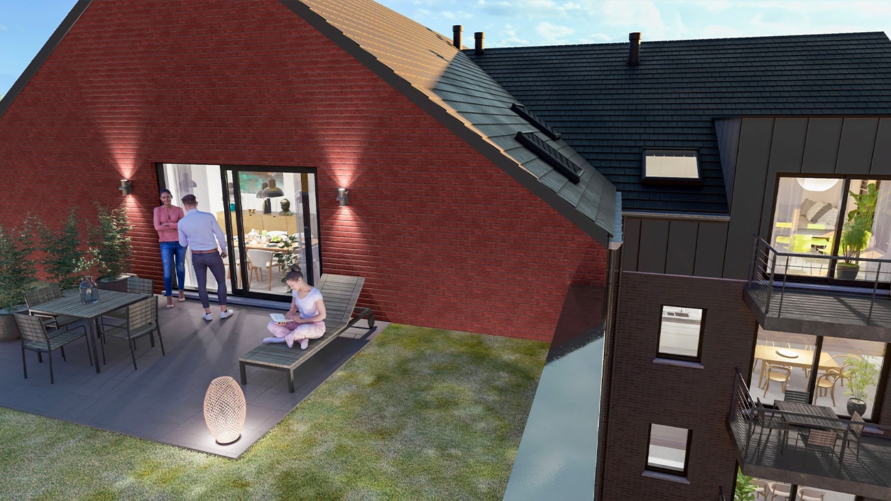 Une terrasse moderne sur le toit des appartements à vendre à Gosselies, très prisés, présente des personnes réunies autour dune table avec des boissons. Une personne se détend sur la terrasse, tandis que dautres se tiennent près dune porte coulissante en verre. Un éclairage chaleureux et une végétation luxuriante renforcent latmosphère chaleureuse.