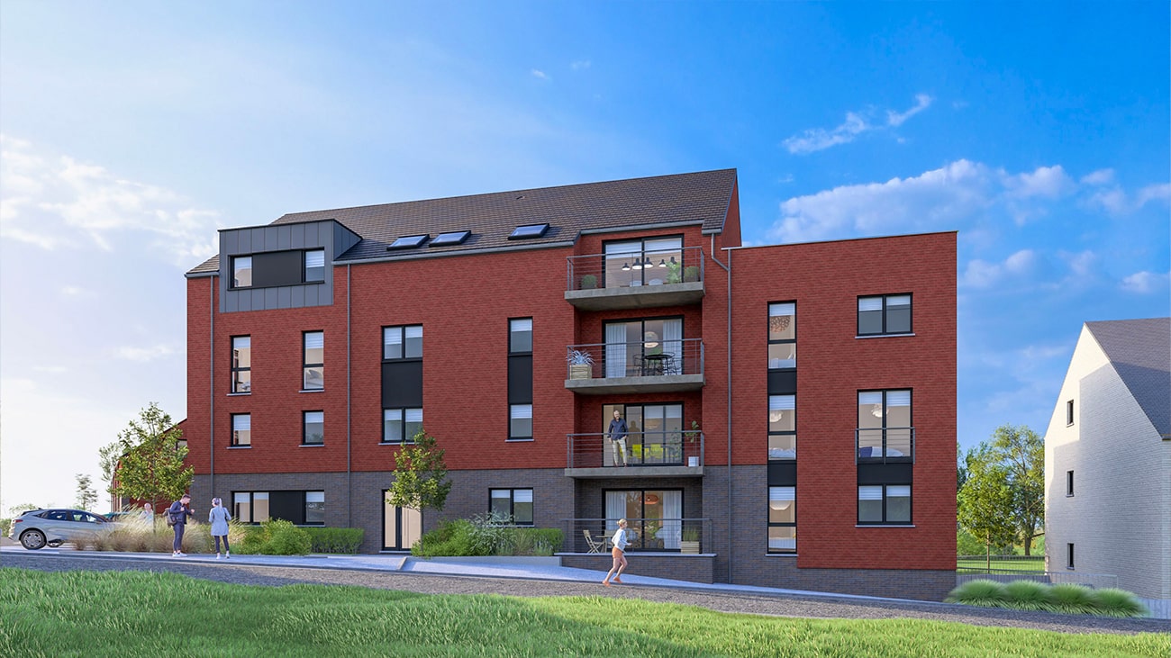 Un immeuble moderne de quatre étages en briques rouges avec balcons orne le paysage de Gosselies, où de petits arbres et un aménagement paysager soigné ajoutent du charme. Quelques personnes se promènent à proximité tandis quune voiture est garée sur la gauche sous un ciel bleu parsemé de nuages duveteux. Les appartements à vendre attendent les acheteurs avertis.