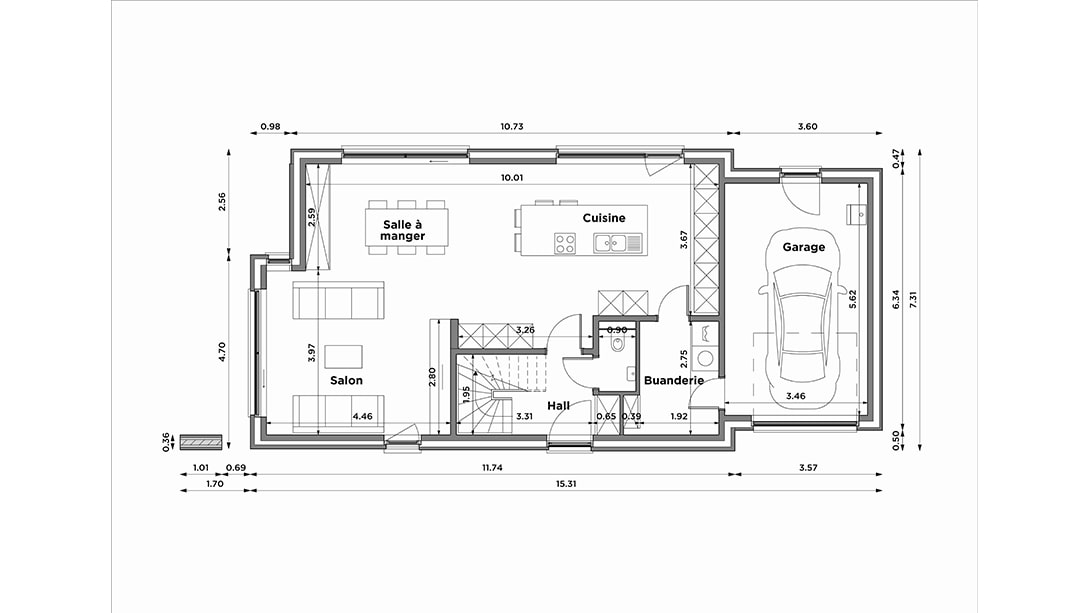 Plan dune maison à vendre à Gozée, comprenant les pièces étiquetées : salon, salle à manger, cuisine, buanderie, hall et garage. Les dimensions des pièces et de lagencement général sont incluses. Le garage peut accueillir une voiture.