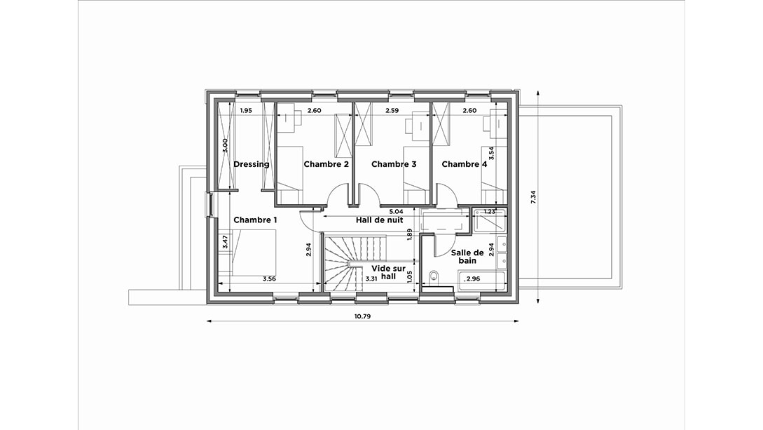 Plan darchitecture dune maison dans Maisons à vendre Gozée, présentant quatre pièces étiquetées (Chambre 1, Chambre 2, Chambre 3, Chambre 4), un dressing, un hall de nuit et une salle de bain. Les dimensions et les murs sont clairement indiqués pour les acheteurs potentiels.