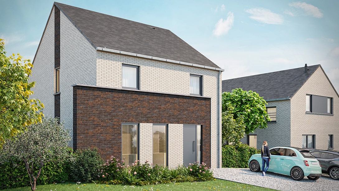 Maison moderne à deux étages avec un extérieur en briques blanches et foncées, de grandes fenêtres et un toit en pente. Une personne se tient près dune voiture bleu clair sur une allée de gravier, entourée de verdure. Une autre maison similaire est visible en arrière-plan sous un ciel partiellement nuageux. Découvrez les maisons à vendre à Gozée dès aujourdhui.