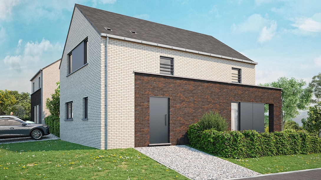 Découvrez cette maison moderne à deux étages, lune des superbes maisons à vendre à Gozée. Elle présente des accents de briques blanches et foncées, un toit gris en pente, de grandes fenêtres et une allée de gravier. Une voiture repose sur la pelouse au milieu darbustes et darbres luxuriants, complétant le cadre serein.