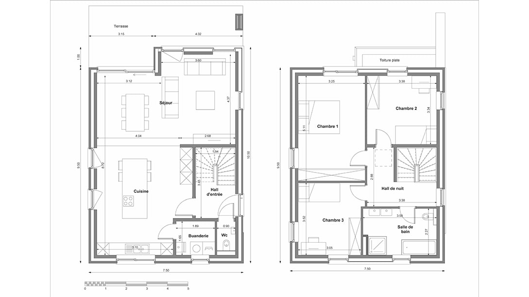Plan détage architectural dune maison à deux étages dans le quartier recherché de Maisons à vendre Gozée. Le premier étage comprend une cuisine, un salon, une salle à manger, un cellier et une salle de bain, tandis que le deuxième étage offre trois chambres, un couloir et une autre salle de bain. Les dimensions sont fournies.