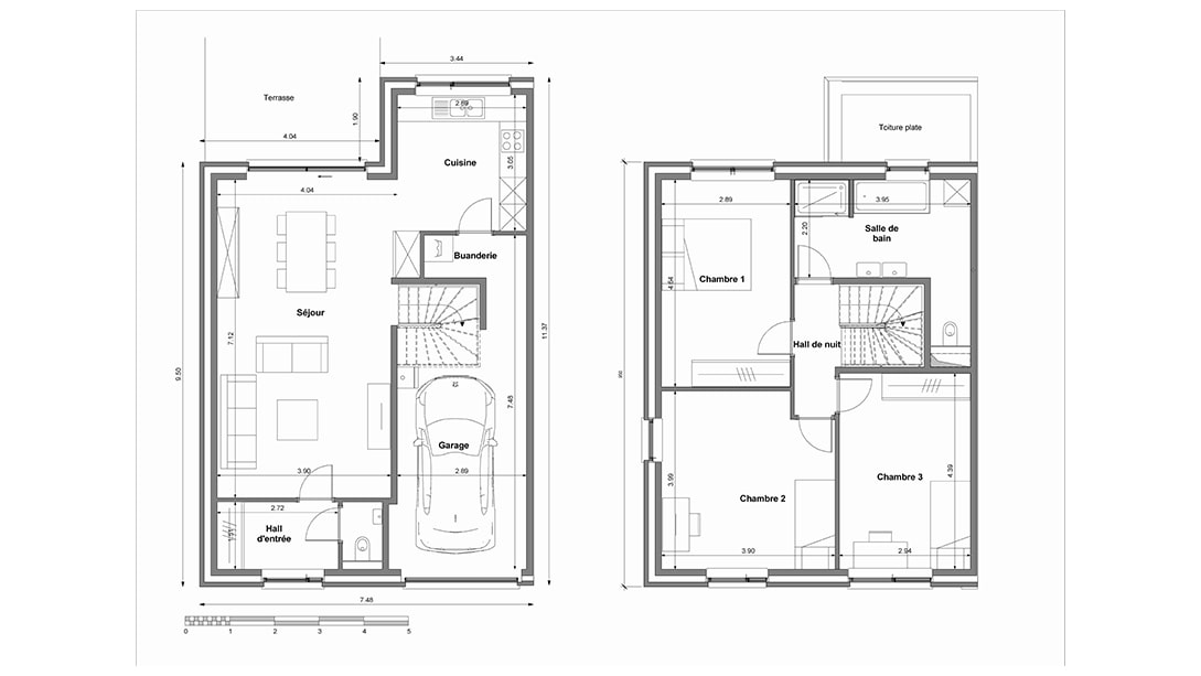 Plan dune charmante maison à deux étages dans le cadre idyllique de Gozée. Le premier étage comprend une terrasse, une cuisine, un salon, une buanderie, un garage et une salle deau. A létage, découvrez trois chambres, une salle de bain et un couloir. Parfait pour ceux qui explorent les maisons à vendre à Gozée !.
