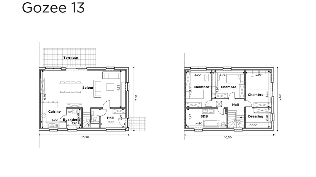 Le plan dune maison intitulée « Gozee 13 » présente deux niveaux. Le premier niveau comprend une terrasse, un salon, une cuisine et une buanderie. À létage, il y a trois chambres, une salle de bain, un dressing et un couloir, le tout méticuleusement détaillé en mètres. Découvrez Maisons à vendre Gozée dès aujourdhui !.