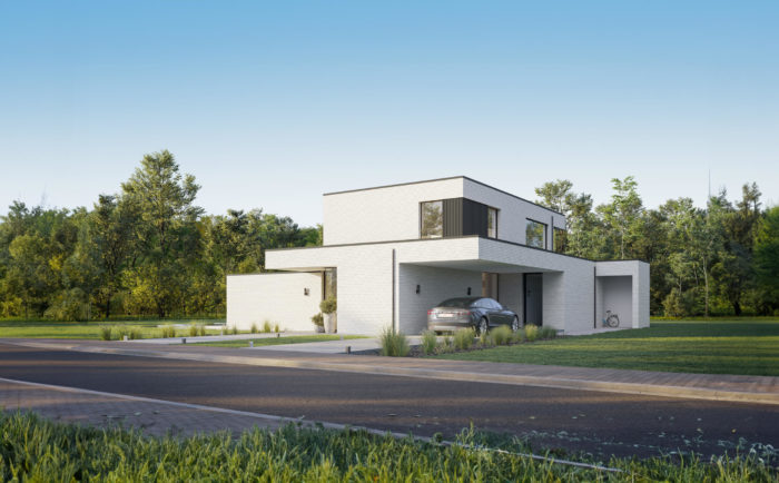 Modern huis met twee verdiepingen en een minimalistisch design, met witte bakstenen muren en grote ramen. Er staat een auto geparkeerd op de oprit. Het huis is omgeven door groen en er is een helderblauwe lucht zichtbaar.