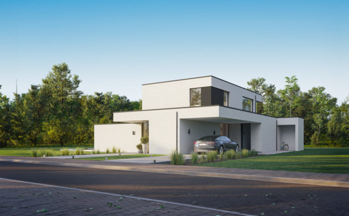 La maison moderne à deux étages modèle BL622 présente un extérieur en briques blanches, de grandes fenêtres et un toit plat. Une voiture est garée dans l'allée à côté d'un vélo. La maison est entourée d'herbe verte luxuriante et d'arbres sous un ciel bleu clair.