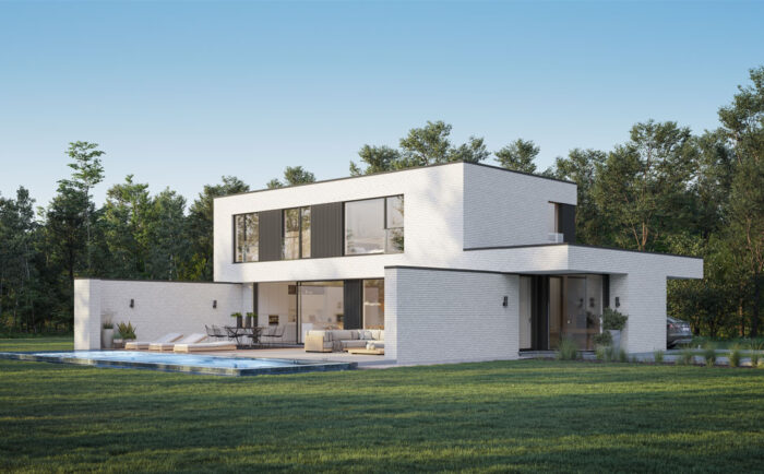 Maison moderne modèle BL622 de deux étages en briques blanches avec de grandes fenêtres, un patio avec des sièges extérieurs et une piscine dans la cour arrière, entourée de pelouse verte et d'arbres sous un ciel bleu clair.