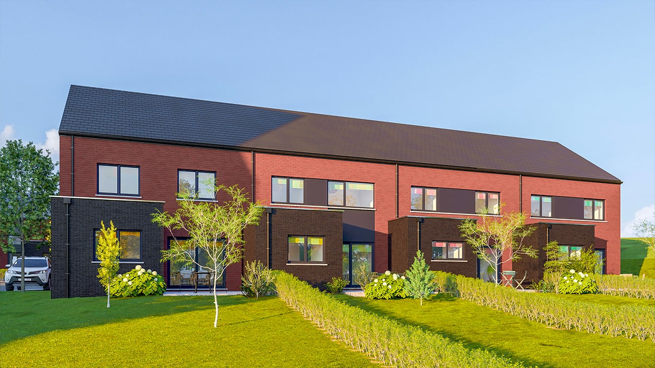 Une rangée de maisons de ville modernes à deux étages, avec des étages supérieurs en briques rouges et des parties inférieures sombres, dans le style des Maisons 2 et 3 façades de Gosselies. De grandes fenêtres et de petits jardins à l'avant sont visibles, avec des pelouses verdoyantes et des arbustes sous un ciel bleu clair.