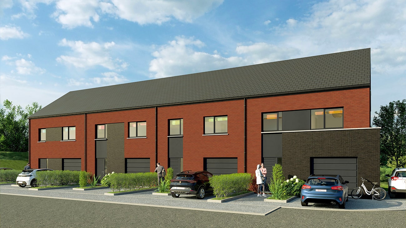 Une rangée de maisons de ville modernes en briques de deux étages, rappelant les Maisons 2 et 3 façades de Gosselies, offre de grandes fenêtres sous un ciel bleu azur. Plusieurs voitures bordent la rue, des passants passent et un cycliste stationne à proximité.