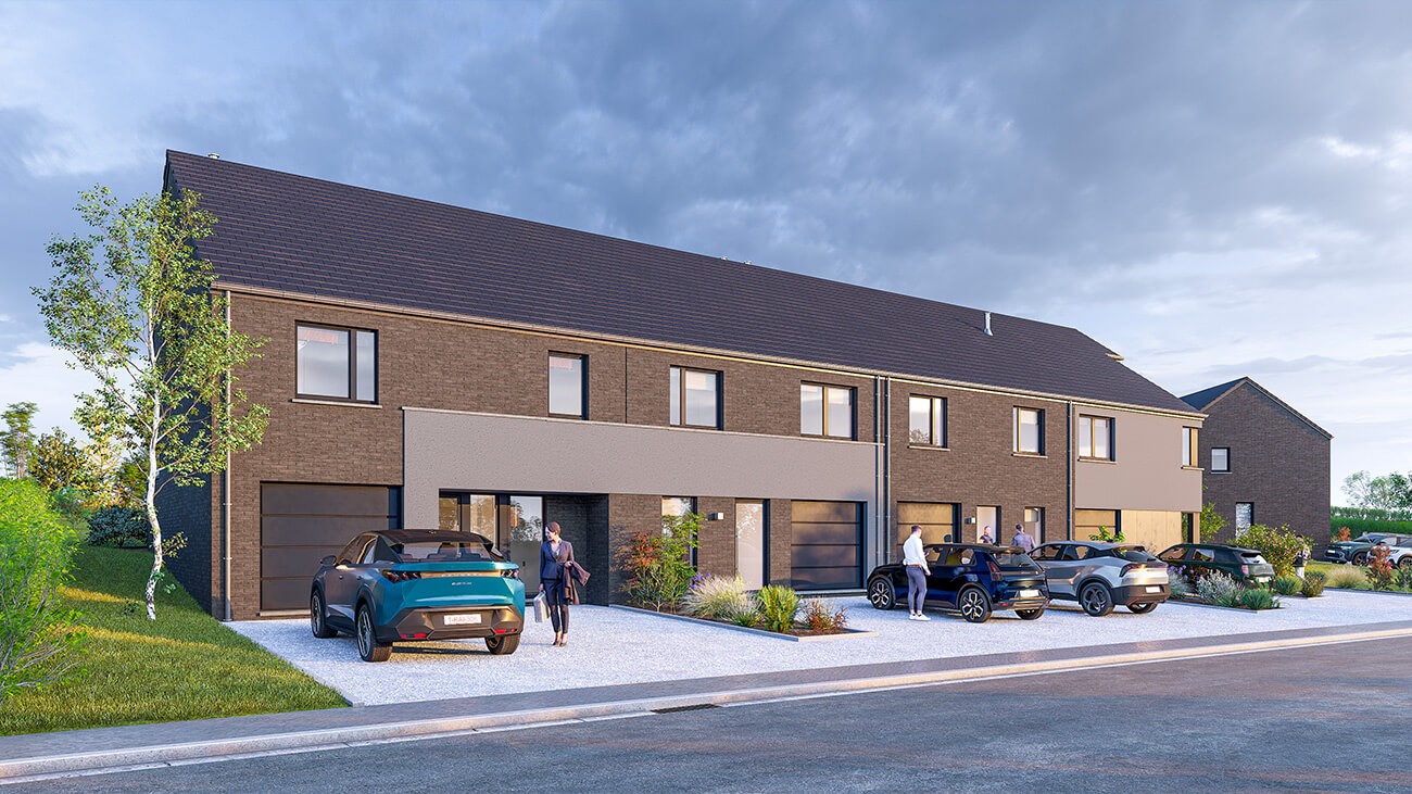 Une rangée de maisons de ville modernes avec des extérieurs en briques, de grandes fenêtres et des garages attenants. Plusieurs voitures sont garées dans les allées - parfait pour ceux qui recherchent des Maisons à vendre Courcelles ou des Maisons 3 et 4 façades Courcelles.