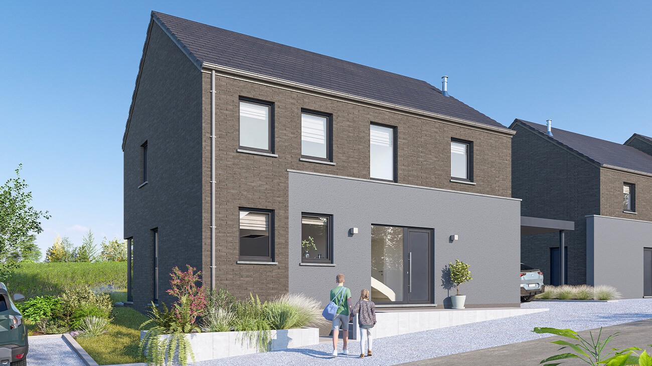 Une maison moderne de deux étages avec des briques sombres et un extérieur gris, de grandes fenêtres et une porte d'entrée vitrée - parfaite pour ceux qui recherchent des Maisons à vendre Courcelles. Deux personnes se tiennent sur les marches, une voiture est garée dans l'allée sous un ciel bleu clair.
