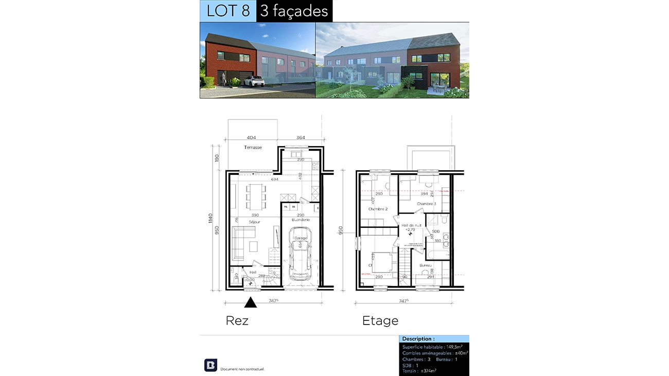 Plan du lot 8 sur deux niveaux. Le rez-de-chaussée comprend un garage et une terrasse, tandis que l'étage abrite des chambres. Au-dessus des plans, une rangée de maisons modernes 2 et 3 façades à Gosselies met en valeur le design contemporain.