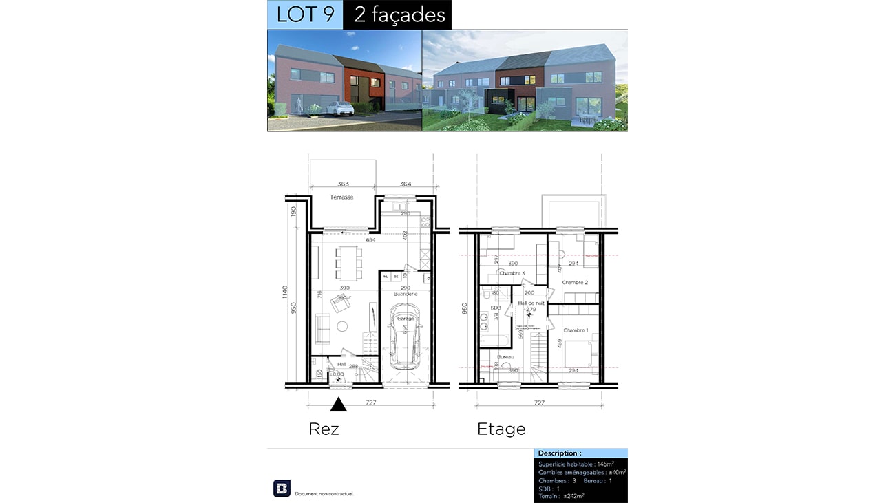 Plans d'architecture d'un immeuble résidentiel de deux étages, intitulé « LOT 9 », présentant les Maisons 2 et 3 façades à Gosselies. Ce plan comprend une vue de face et des plans détaillés du rez-de-chaussée (Rez-de-chaussée) et de l'étage (Étage), avec leurs dimensions et descriptions des caractéristiques.