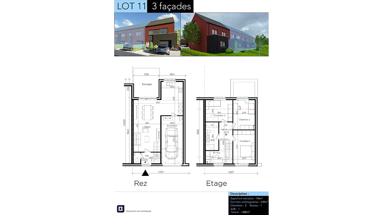 Plan d'étage intitulé « LOT 11, 3 façades » de la série « Maisons 2 et 3 façades Gosselies », présentant deux niveaux : le rez-de-chaussée (Rez-de-chaussée) avec garage, cuisine et séjour ; l'étage (Rez-de-chaussée) avec trois chambres et une salle de bains. Inclut une photo extérieure d'une maison moderne en briques avec les détails de la propriété.