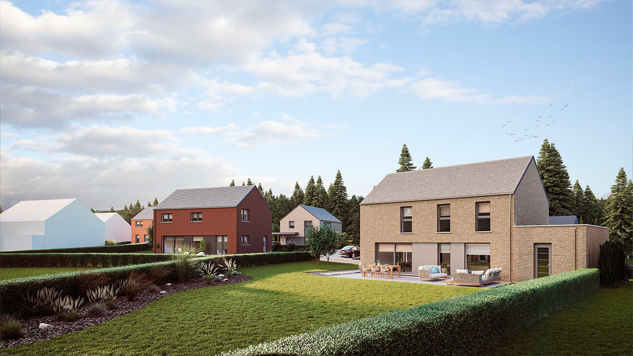 Une rangée de maisons individuelles modernes avec de grandes fenêtres et des haies bien taillées se dresse sous un ciel partiellement nuageux. Des meubles de terrasse sont visibles, soulignant l'attrait des Maisons 3 et 4 façades Courcelles et de leurs pelouses vertes accueillantes.