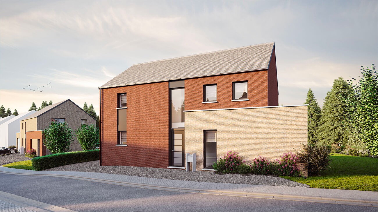 Une maison moderne de deux étages avec un extérieur en briques rouges et en pierres beiges, des sections de toit plates et de grandes fenêtres, fait partie des Maisons à vendre Courcelles. Elle dispose d'une cour avant paysagée sur une rue courbe avec des arbres et une autre maison à proximité.