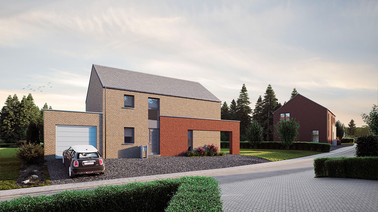 Une maison moderne de deux étages en briques avec un toit gris et un garage attenant est à vendre à Courcelles. Cette propriété de Maisons 3 et 4 façades Courcelles a un aménagement paysager minimal, une petite voiture dans l'allée, et se trouve dans une rue calme avec des arbres à proximité.