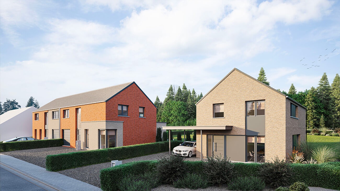 Une rue de banlieue avec des maisons modernes à deux étages - Maisons 3 et 4 façades Courcelles - l'une en briques rouges, l'autre beige, toutes deux avec des haies, de petites pelouses et une voiture garée dans l'allée. Des arbres et un ciel bleu complètent la scène.