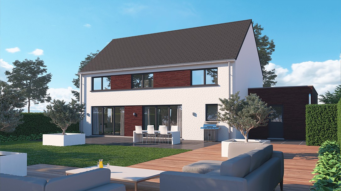 Une maison moderne à deux étages, identifiée comme bl576, dispose d'un toit sombre et d'un extérieur élégant en blanc et en bois, complété par de grandes fenêtres. Une terrasse en bois spacieuse est élégamment meublée avec une table à manger et des sièges d'extérieur. Une végétation luxuriante et un ciel bleu clair sont visibles en arrière-plan.
