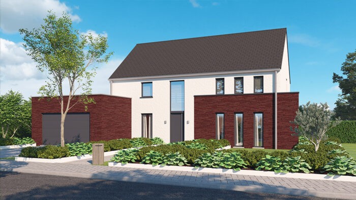 La maison moderne à deux étages, modèle BL576, est dotée d'un toit à pignon et d'une façade saisissante en briques blanches et rouges. De grandes fenêtres laissent entrer la lumière dans l'espace, tandis que le garage ajoute de la commodité. Un jardin paysager avec des buissons luxuriants et un arbre agrémente l'allée sous un ciel bleu clair.