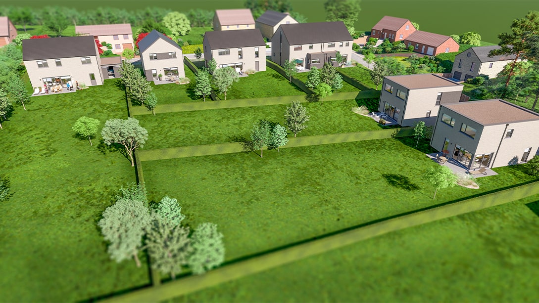 Vue aérienne d'un quartier résidentiel avec des maisons modernes disposées sur des collines herbeuses en terrasses, mettant en valeur les villas à vendre Gerpinnes. Le quartier est orné d'arbres et d'arbustes, et diverses maisons présentent des styles architecturaux divers et des couleurs vives.