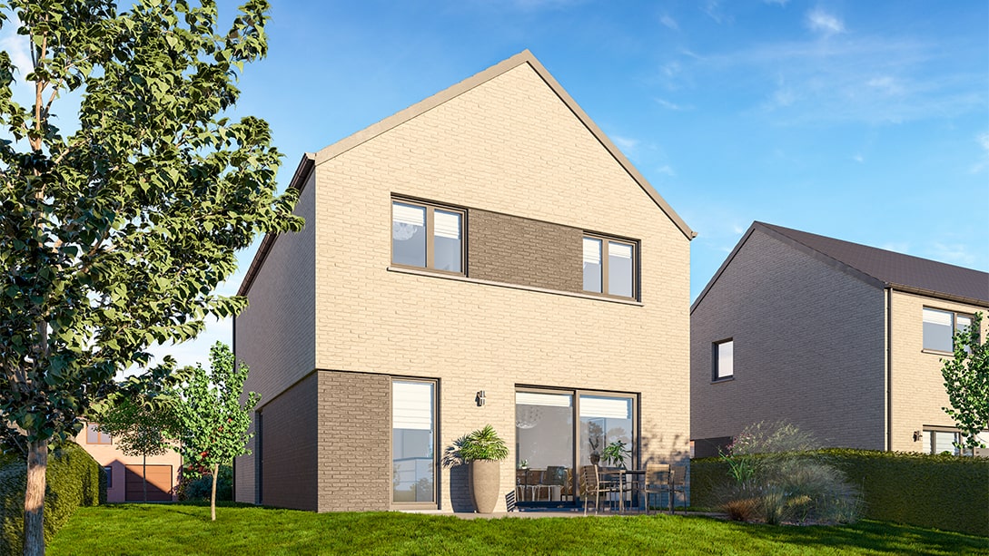 Cette maison moderne de deux étages, classée parmi les villas à vendre les plus recherchées de Gerpinnes, présente des briques claires et des accents sombres. De grandes fenêtres et une porte coulissante en verre s'ouvrent sur un patio avec mobilier d'extérieur, situé au milieu d'une pelouse verte et de petits arbres sous un ciel bleu clair.