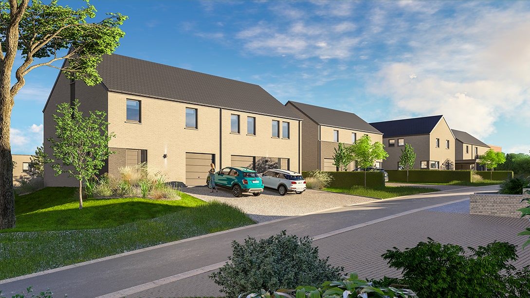 Une rue de banlieue avec des maisons modernes à deux étages, rappelant les villas à vendre à Gerpinnes, présente des façades en briques beiges et des toits sombres. Deux voitures garées reposent dans des allées entourées d'herbe luxuriante et de petits arbres. Le ciel au-dessus est d'un bleu serein avec des nuages épars.