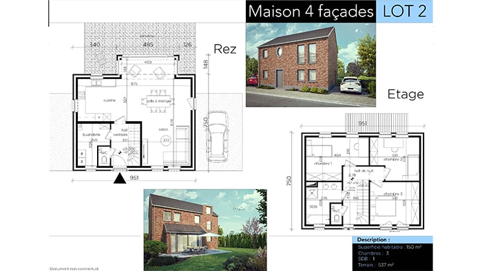 Plan et conception d'une maison en brique à deux étages intitulée « Maison 4 façades LOT 2 ». Comprend les plans du rez-de-chaussée et de l'étage supérieur, une vue extérieure en 3D et des détails tels que la superficie, les pièces et la mesure de l'espace habitable.