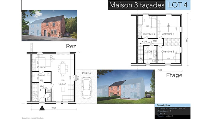 Plan et rendu d'une maison à deux étages intitulée « Maison 3 façades LOT 4 ». Il comprend les plans d'étage du « Rez » (rez-de-chaussée avec cuisine, salle à manger, salon) et de l'« Etage » (étage supérieur avec chambres). Une vue extérieure 3D et un espace de stationnement sont présentés.
