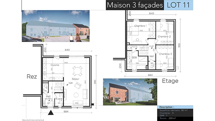 Plan d'étage et images d'une maison à deux étages intitulée 