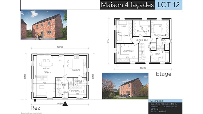 Plan architectural d'une maison en brique à deux étages intitulée « Maison 4 façades LOT 12 ». Comprend les plans d'étage du rez-de-chaussée (Rez) et de l'étage (Étage), avec des sections pour les espaces de vie, la cuisine, les chambres et les salles de bains. Vue extérieure illustrée.