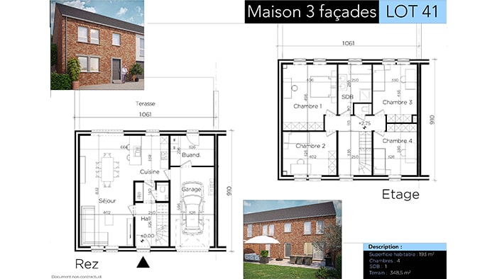 Plan d'une maison à deux étages intitulée « Maison 3 façades LOT 41 » avec plans d'étage pour le « Rez » (rez-de-chaussée) et l'« Etage » (étage supérieur). Inclut une photo extérieure de la maison en brique avec une terrasse. La description indique une superficie totale de 183 m².