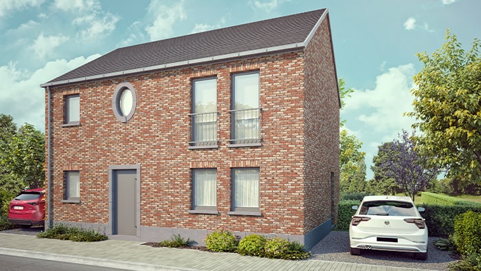 Une maison en brique à deux étages avec un toit gris, avec une fenêtre ronde et trois fenêtres rectangulaires. Deux voitures sont garées sur les côtés, avec des arbres et de la verdure en arrière-plan sous un ciel partiellement nuageux.