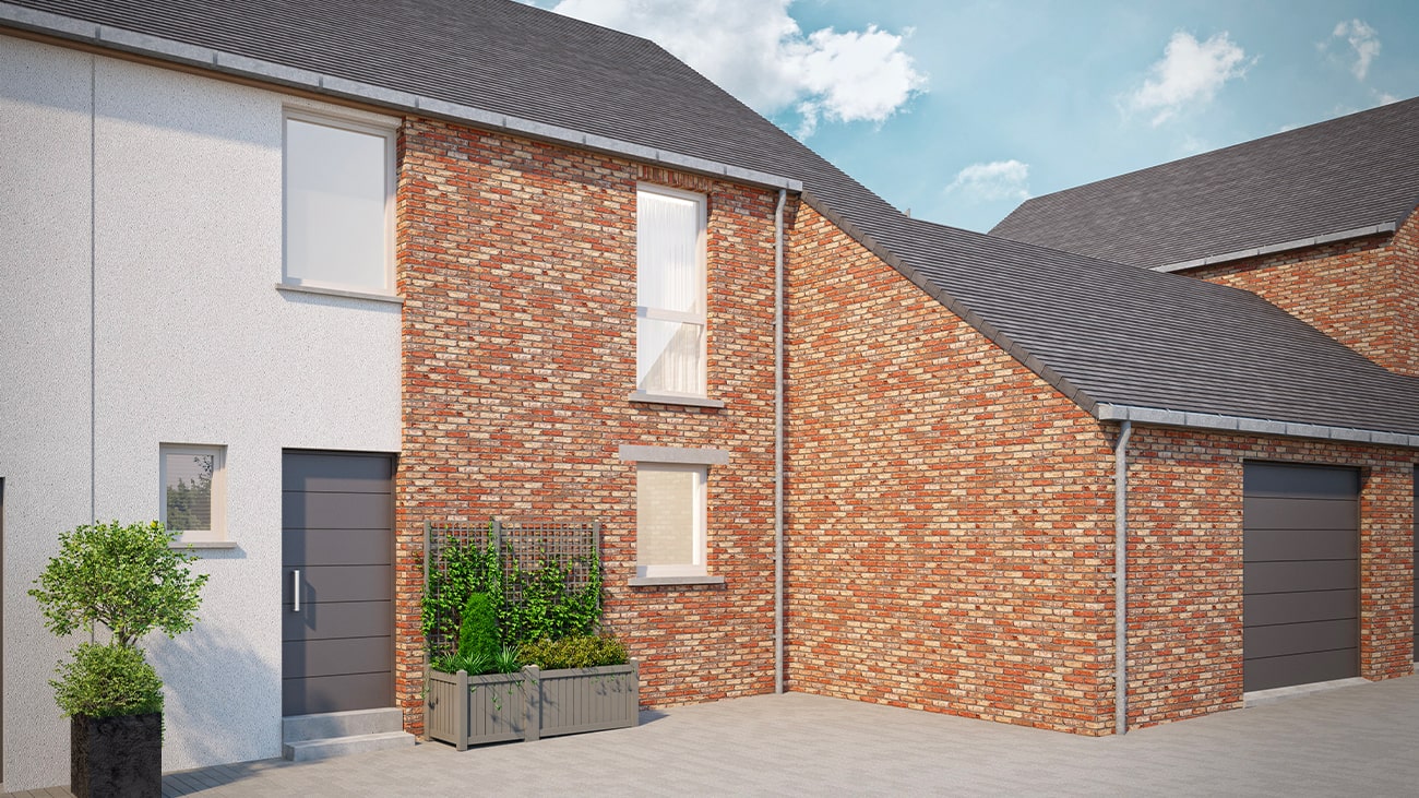 Une maison moderne avec un mélange de briques rouges et de façade blanche. Elle dispose dune porte dentrée grise, de grandes fenêtres et dun garage. Des plantes vertes dans une jardinière sont placées près de lentrée. La maison est située sous un ciel bleu clair.