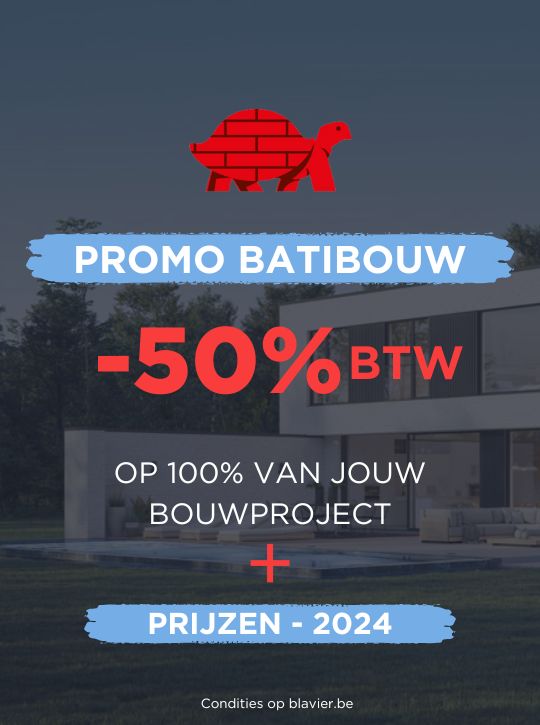 Advertentie met rood schildpadlogo boven tekst: Promo Batibouw -50% BTW op 100% van jouw bouwproject + Prijzen - 2024. De achtergrond toont een modern huis met zitplaatsen buiten. Onderaan staat de tekst Condites op blavier.be.