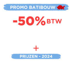 Rood-witte promotieafbeelding voor Batibouw. De tekst luidt: -50% BTW op 100% van jouw bouwproject + prijzen - 2024. Bevat een klein rood schildpadlogo. Voorwaarden beschikbaar op blavier.be.