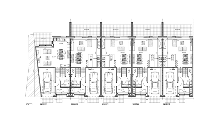 Plan d'étage architectural représentant une rangée d'unités résidentielles identiques à deux étages. Chaque unité comprend un garage, un salon, une cuisine, un coin repas et un étage supérieur. L'agencement est symétrique et aligné verticalement, montrant des mesures détaillées.