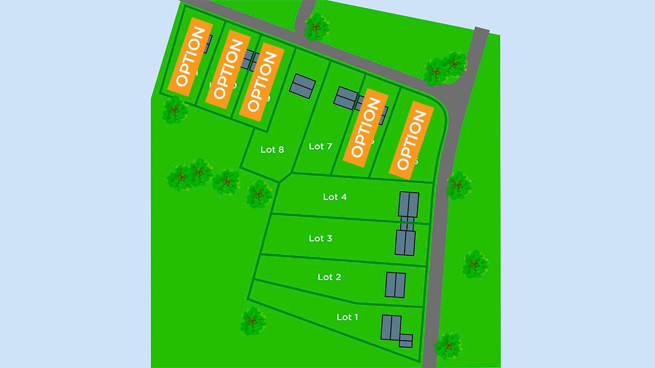 Un plan du site montrant huit lots dans une zone herbeuse. Les lots 5, 6, 7 et 8 sont marqués Option. Les lots 1, 2, 3 et 4 ne sont pas marqués. Des routes et de petits bâtiments sont visibles à proximité des lots.