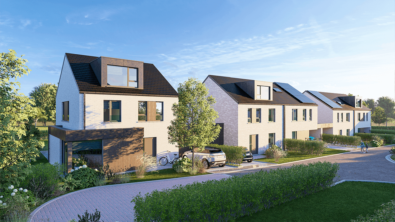 Rangée de maisons modernes blanches à deux étages avec des toits sombres, de grandes fenêtres et de petits jardins à l'avant, situées le long d'une route incurvée avec des voitures garées et de la verdure sous un ciel bleu clair.