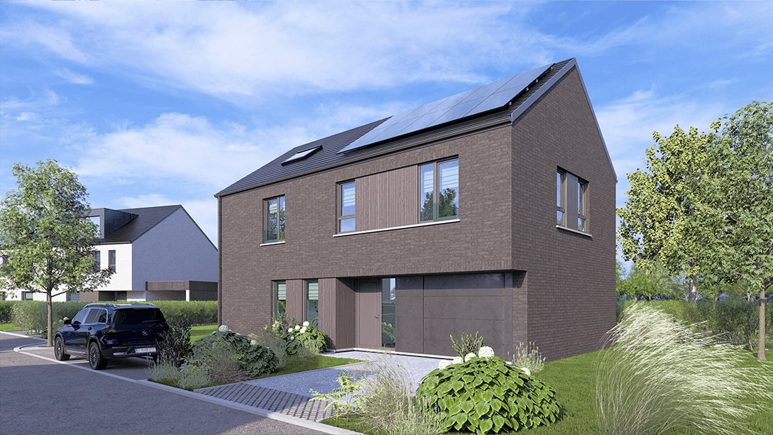 Une maison moderne à deux étages avec un extérieur en briques sombres, de grandes fenêtres et des panneaux solaires sur le toit, entourée de verdure et d'une voiture noire garée dans l'allée, sous un ciel d'un bleu éclatant.