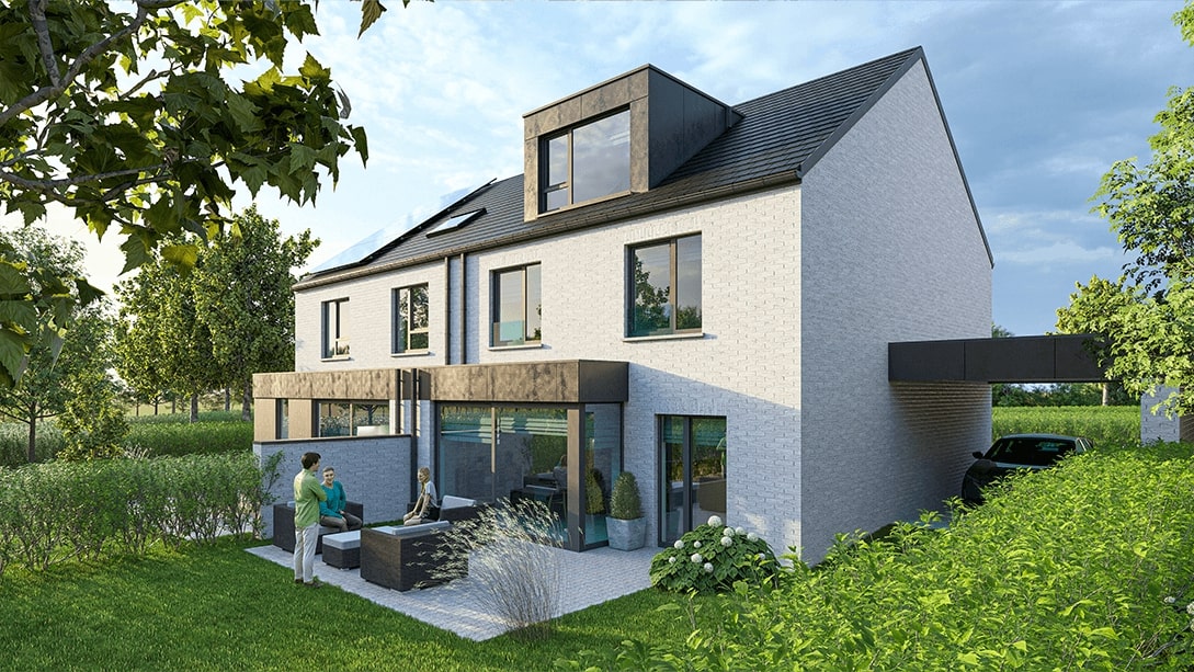 Maison moderne à deux étages avec de grandes fenêtres, un patio où l'on peut s'asseoir et un abri pour voitures. La maison est entourée de verdure et d'arbres sous un ciel partiellement nuageux.