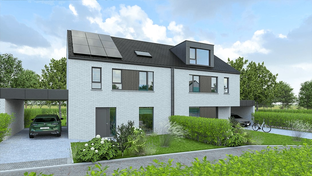 Une maison moderne jumelée avec un extérieur en briques blanches, de grandes fenêtres, des panneaux solaires sur le toit, un abri pour deux voitures, des haies et des arbres verts entourant la propriété sous un ciel partiellement nuageux.