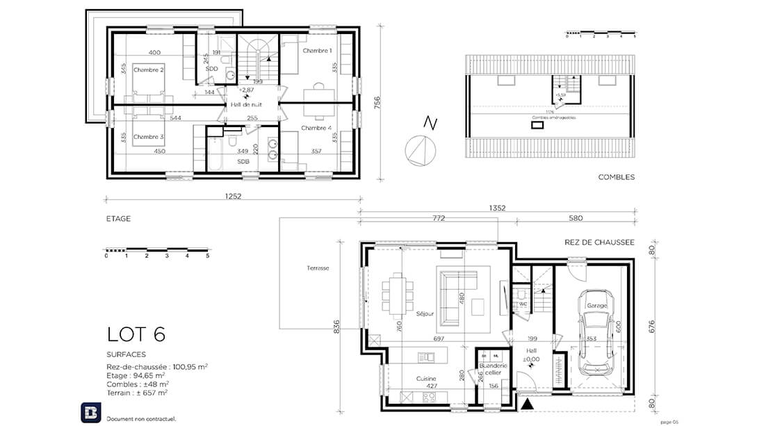 Plan architectural en noir et blanc d'une maison à deux étages avec les pièces, le garage, la terrasse et les dimensions. Inclut une légende avec les détails de la propriété et les surfaces pour chaque niveau.