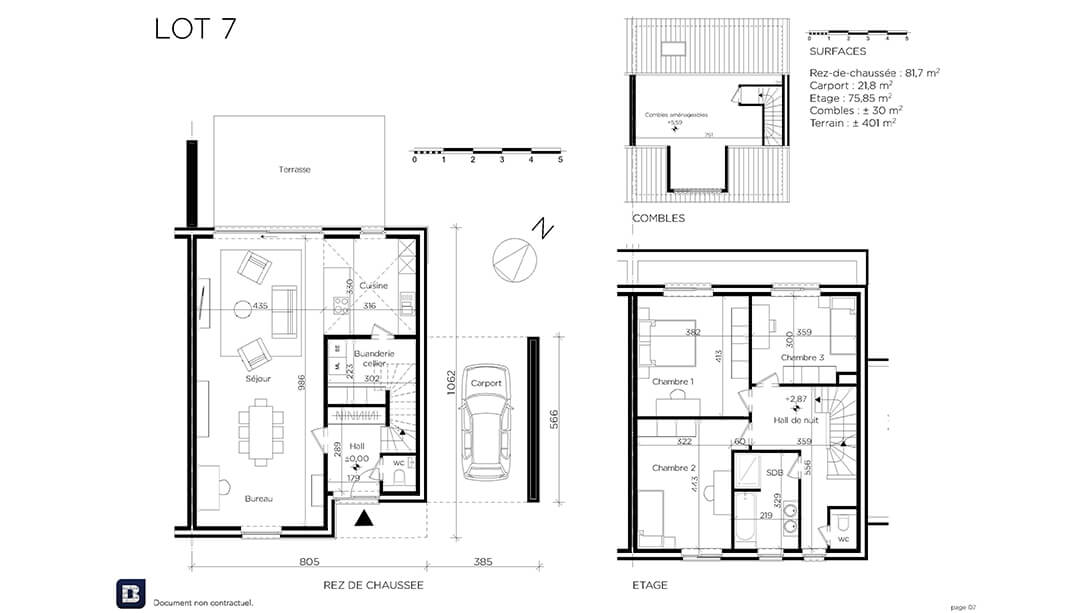 Plan architectural en noir et blanc du lot 7, montrant le rez-de-chaussée avec les espaces de vie, la cuisine, l'abri pour voitures et la terrasse, et l'étage supérieur avec trois chambres et deux salles de bains. Inclut les mesures et les détails de la surface.