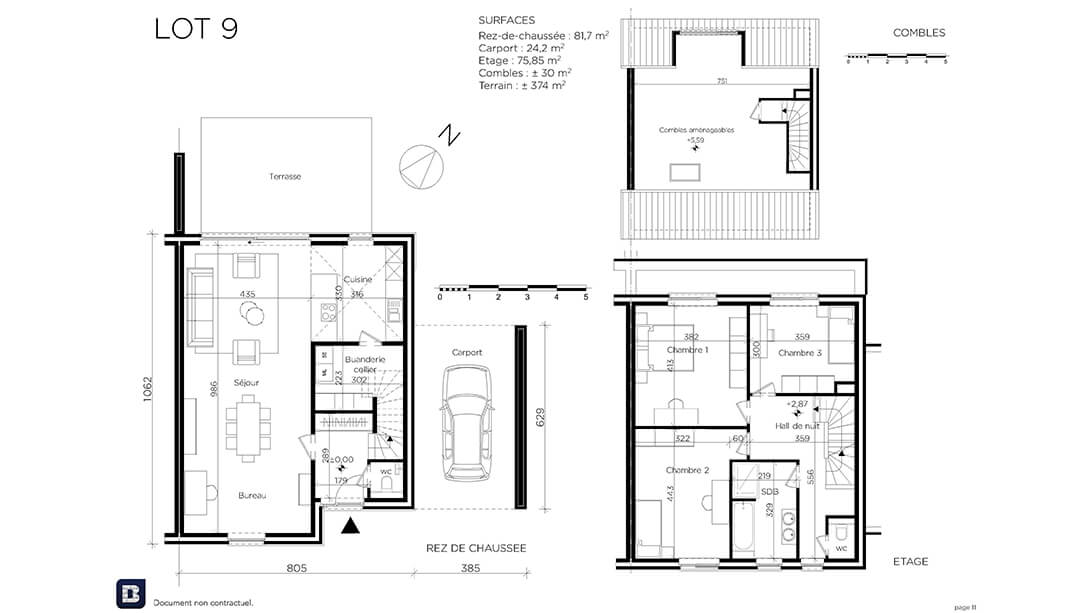 Plan architectural en noir et blanc d'une maison à deux niveaux étiquetée Lot 9, montrant les pièces, le garage, la terrasse et les zones étiquetées pour la cuisine, le salon, les chambres et les salles de bains, avec des mesures en mètres carrés.