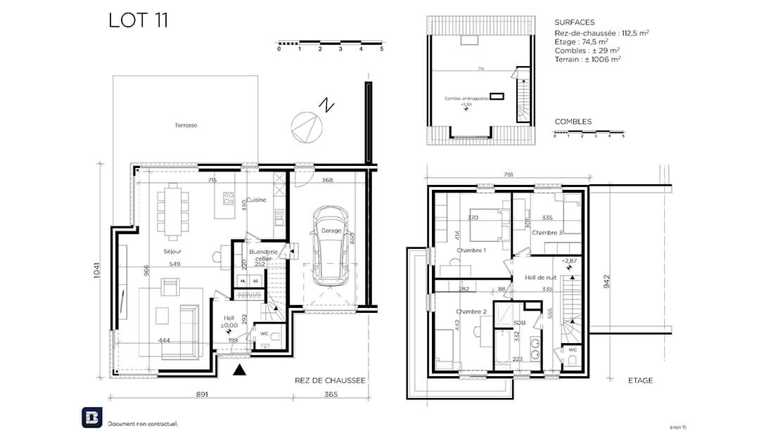 Plan architectural d'une maison à deux étages étiquetée LOT 11, montrant l'aménagement du rez-de-chaussée et des étages supérieurs, y compris les pièces, le garage, la terrasse, les mesures et les superficies en mètres carrés. La flèche nord indique l'orientation.